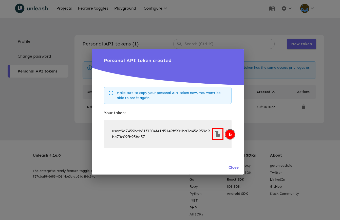 The token created popup with the &quot;Copy Token&quot; element highlighted. 