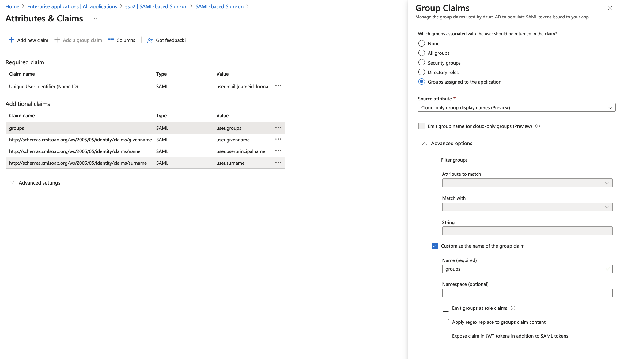 Azure: section 2, attributes and claims, adding a group claim with the name &#39;group&#39;